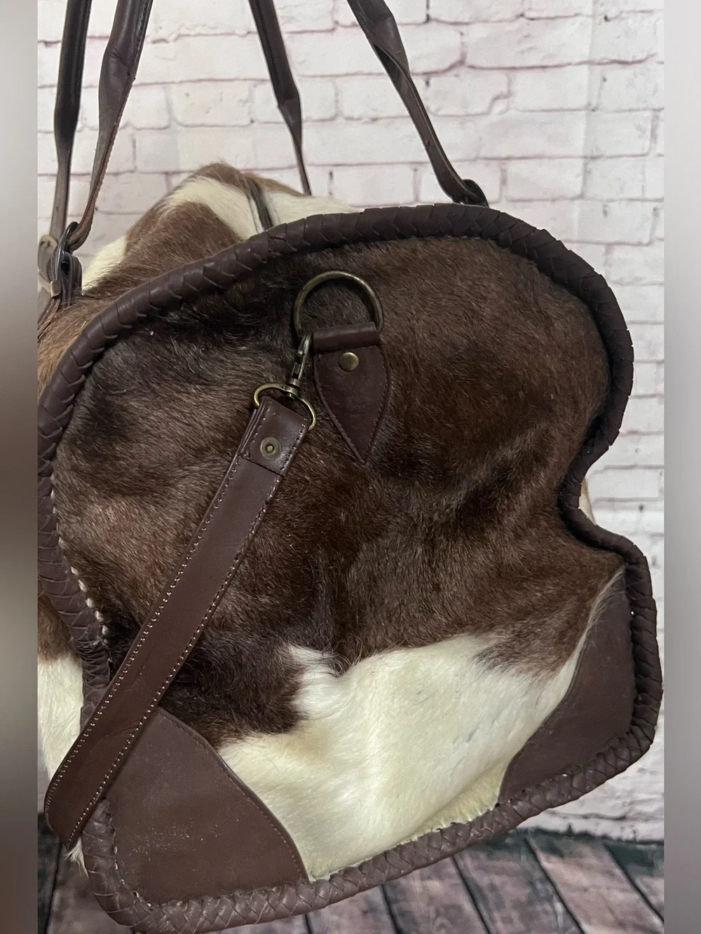 Large Vintage Hair on Hide Leather Travel Bag Western Brindle Cowhide Weekender